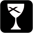 Black and white icon showing a chalice with a cross inside it